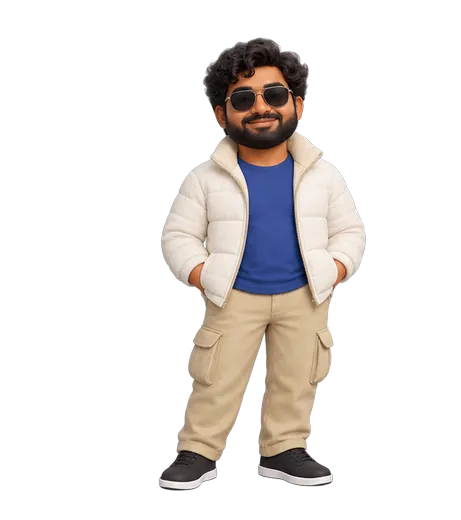 An illustration of Vishal Kumar Singh, the founder of HireQuanta: curly black hair, a beard and his aviator sunglasses, in a white jacket and a blue T-shirt, smiling.